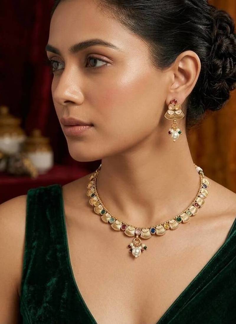 Multicolor mayuri stone & pearl tassel gold plated necklace set for women