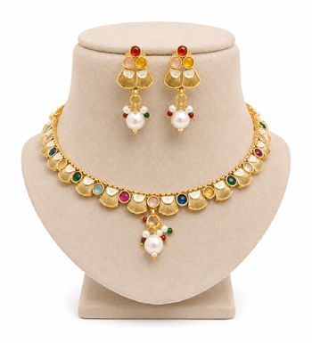 Multicolor mayuri stone & pearl tassel gold plated necklace set for women 2