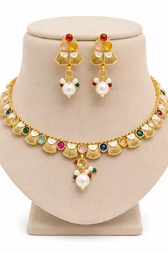 Multicolor mayuri stone & pearl tassel gold plated necklace set for women