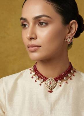 Maroon kundan stone beaded gold plated bridal choker necklace set for women 1