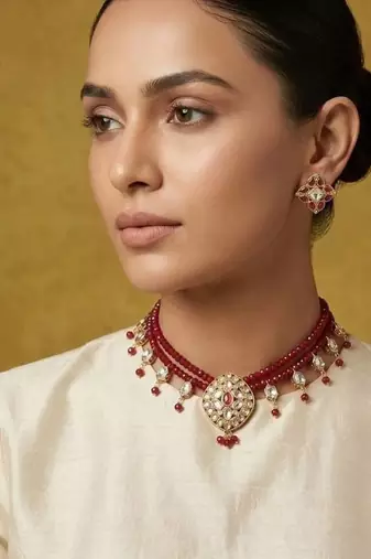 Maroon kundan stone beaded gold plated bridal choker necklace set for women