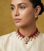 Maroon kundan stone beaded gold plated bridal choker necklace set for women