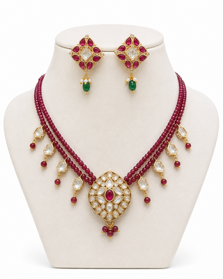Maroon kundan stone beaded gold plated bridal choker necklace set for women 2