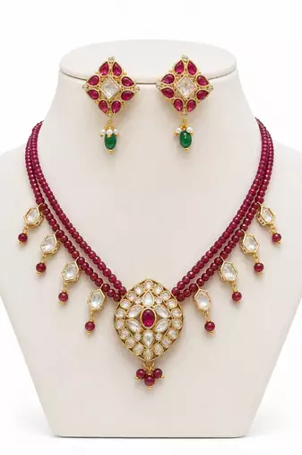 Maroon kundan stone beaded gold plated bridal choker necklace set for women