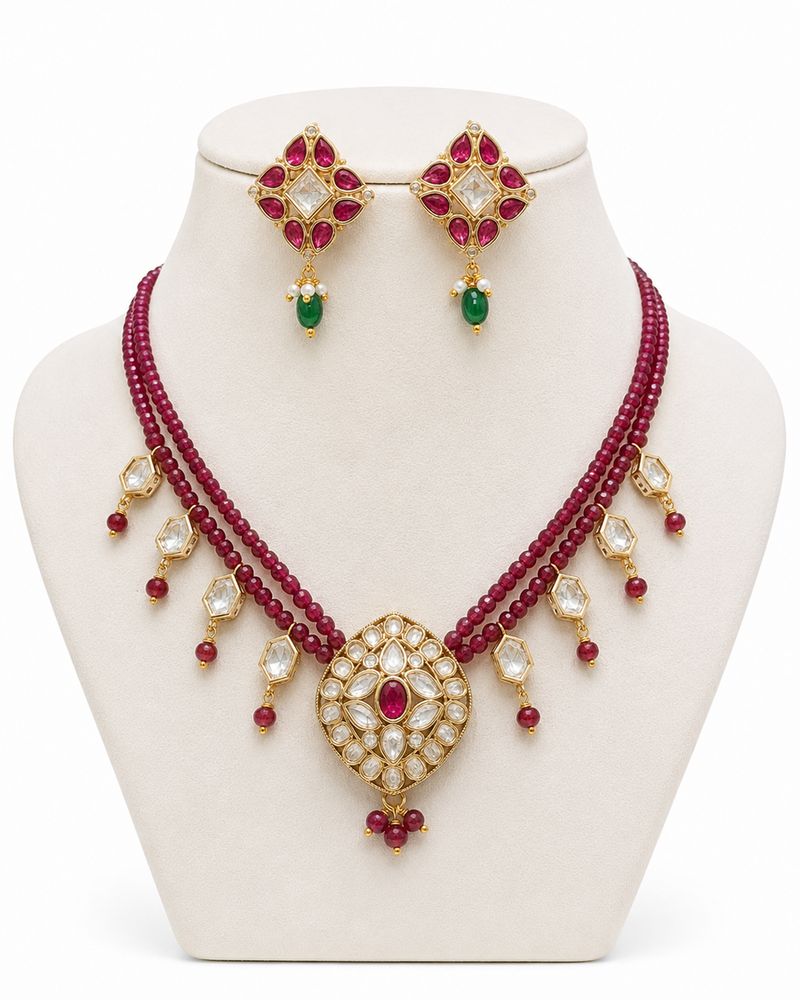 Maroon kundan stone beaded gold plated bridal choker necklace set for women