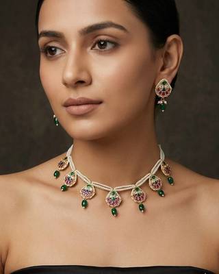Multicolor pearl ruby & emerald stone gold plated rajwadi necklace set for women 1
