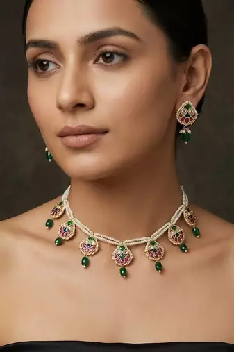 Multicolor pearl ruby & emerald stone gold plated rajwadi necklace set for women