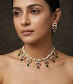 Multicolor pearl ruby & emerald stone gold plated rajwadi necklace set for women