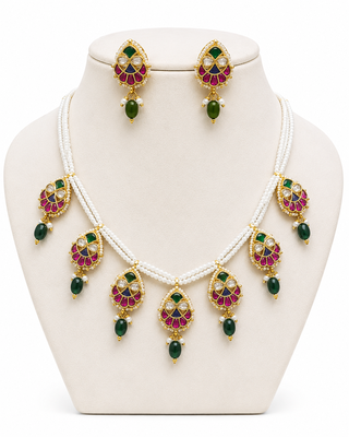 Multicolor pearl ruby & emerald stone gold plated rajwadi necklace set for women 2