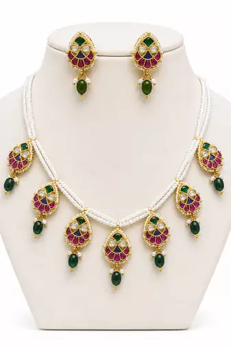 Multicolor pearl ruby & emerald stone gold plated rajwadi necklace set for women
