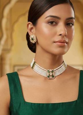 Green kundan stone & pearl beaded gold plated choker necklace set for women 1