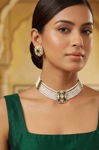 Green kundan stone & pearl beaded gold plated choker necklace set for women
