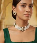 Green kundan stone & pearl beaded gold plated choker necklace set for women