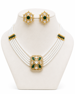 Green kundan stone & pearl beaded gold plated choker necklace set for women 2