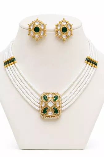 Green kundan stone & pearl beaded gold plated choker necklace set for women