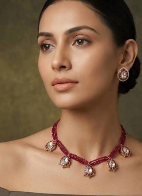 Maroon polki stone beaded layered necklace & earring set for women 1