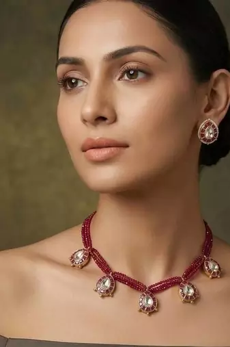 Maroon polki stone beaded layered necklace & earring set for women