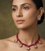 Maroon polki stone beaded layered necklace & earring set for women