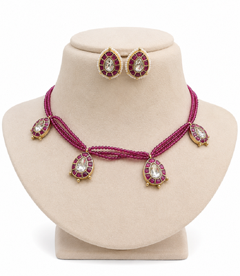 Maroon polki stone beaded layered necklace & earring set for women 2