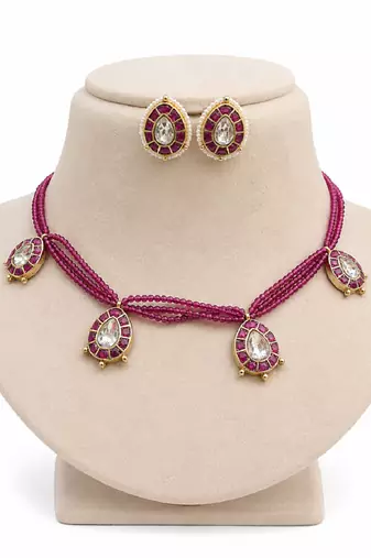 Maroon polki stone beaded layered necklace & earring set for women