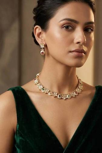 Multicolor stone kundan gold plated necklace set with pearl drop for women