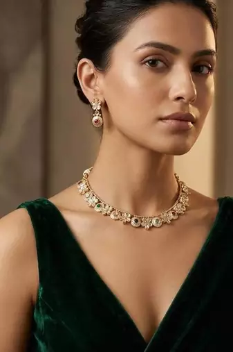Multicolor stone kundan gold plated necklace set with pearl drop for women