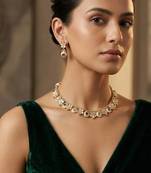 Multicolor stone kundan gold plated necklace set with pearl drop for women