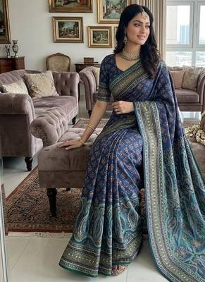 Multi Color Print, Zari And Real Mirror Work Silk Blend Saree 1