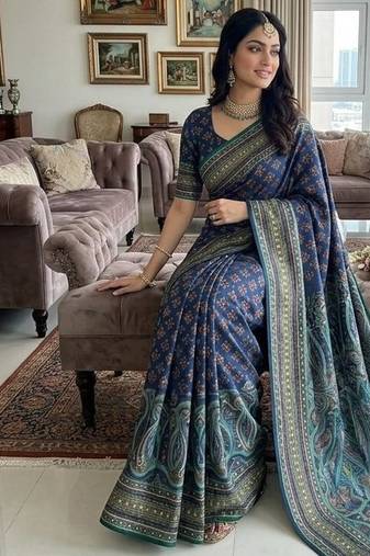 Multi Print Zari And Real Mirror Work Silk Blend Saree
