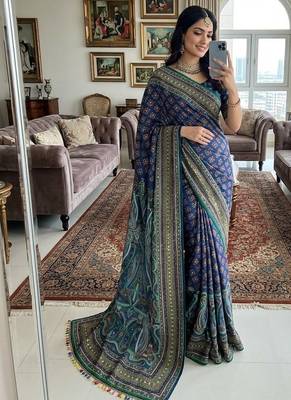Multi Color Print, Zari And Real Mirror Work Silk Blend Saree 2