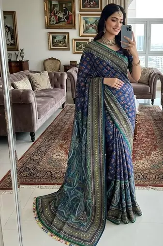 Multi Color Print, Zari And Real Mirror Work Silk Blend Saree