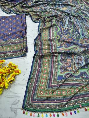 Multi Color Print, Zari And Real Mirror Work Silk Blend Saree 3