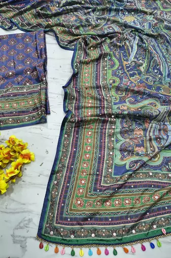 Multi Color Print, Zari And Real Mirror Work Silk Blend Saree