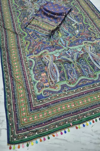 Multi Color Print, Zari And Real Mirror Work Silk Blend Saree