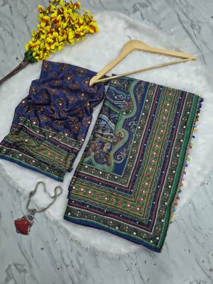 Multi Color Print, Zari And Real Mirror Work Silk Blend Saree 5