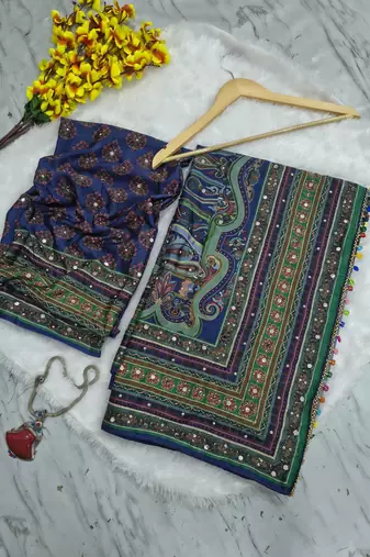 Multi Color Print, Zari And Real Mirror Work Silk Blend Saree