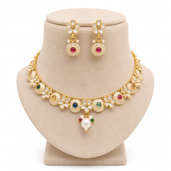 Multicolor stone kundan gold plated necklace set with pearl drop for women 2
