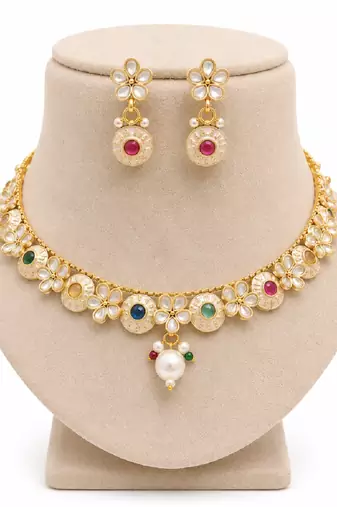 Multicolor stone kundan gold plated necklace set with pearl drop for women
