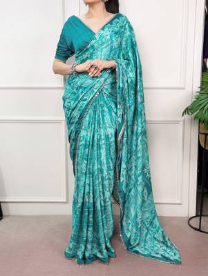 Blue Color geometricprint with Mirror Work Satin Saree 1
