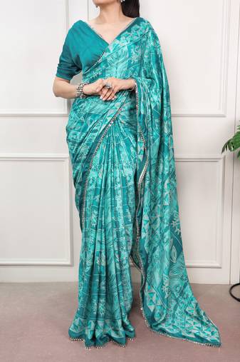 Blue geometricprint with Mirror Work Satin Saree