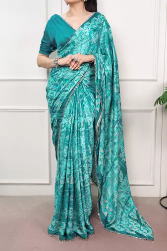 Blue Color geometricprint with Mirror Work Satin Saree