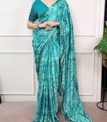Blue Color geometricprint with Mirror Work Satin Saree