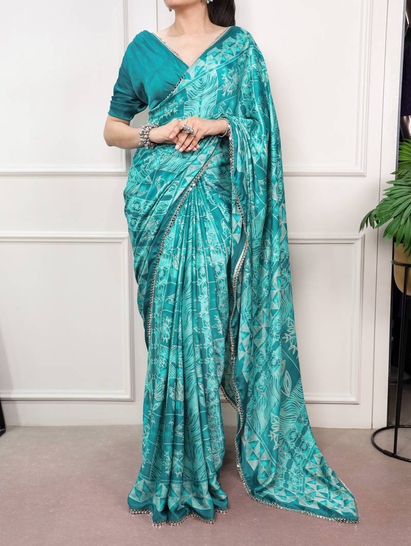 Blue Color geometricprint with Mirror Work Satin Saree