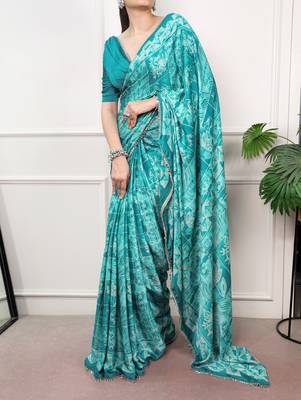 Blue Color geometricprint with Mirror Work Satin Saree 2