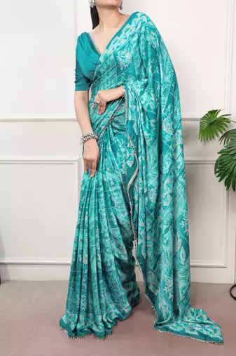Blue Color geometricprint with Mirror Work Satin Saree