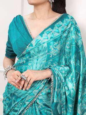 Blue Color geometricprint with Mirror Work Satin Saree 3
