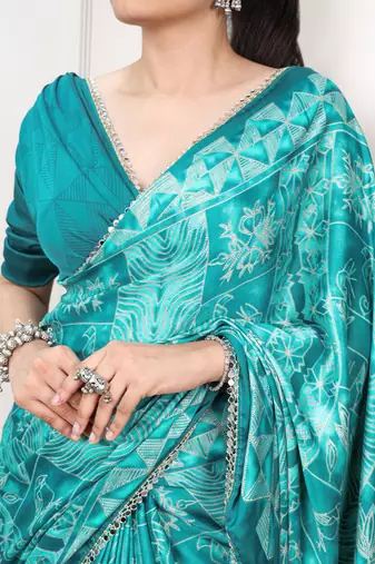 Blue Color geometricprint with Mirror Work Satin Saree