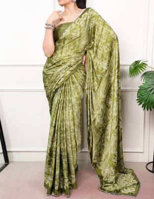 Olive Color geometricprint with Mirror Work Satin Saree 1