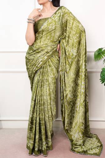 Olive Color geometricprint with Mirror Work Satin Saree