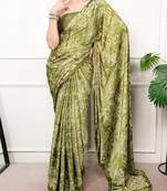 Olive Color geometricprint with Mirror Work Satin Saree